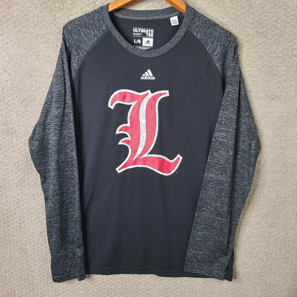 Adidas Shirt Men L Black Gray Ultimate Tee Louisville Cardinals Raglan Climalite